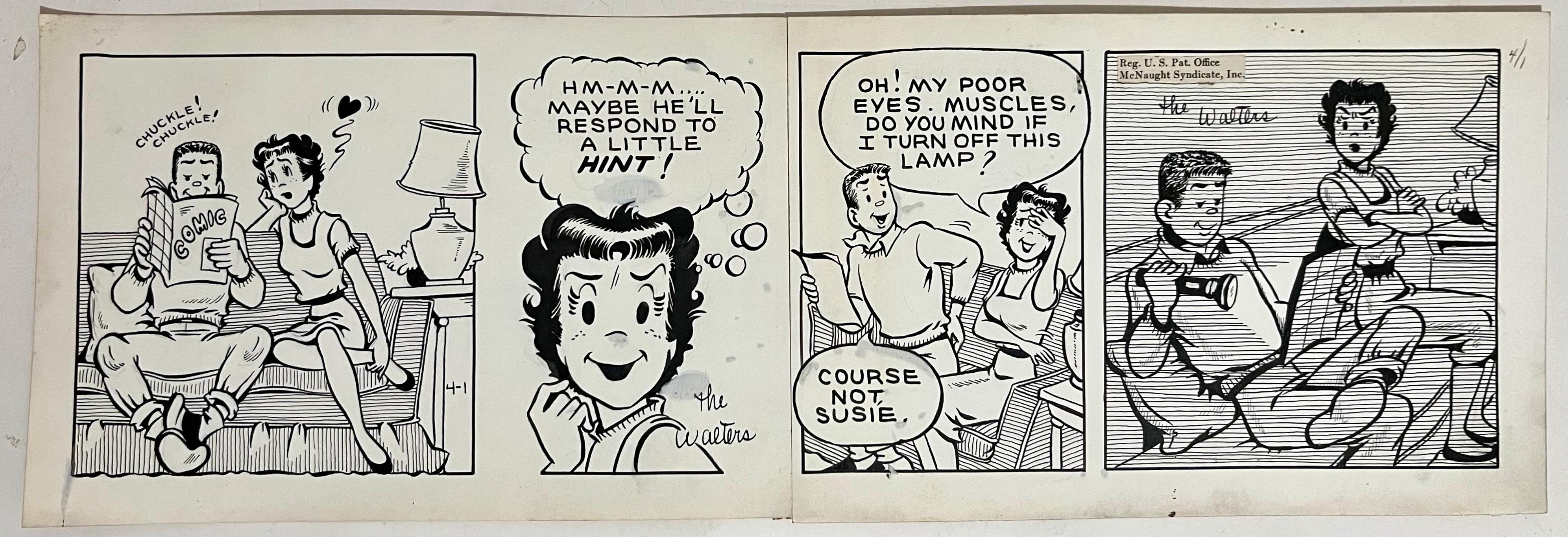Raro Dibujo Original a Tinta de los años 50 Sindicado Tira cómica Susie Q Smith Comic Art en venta 1
