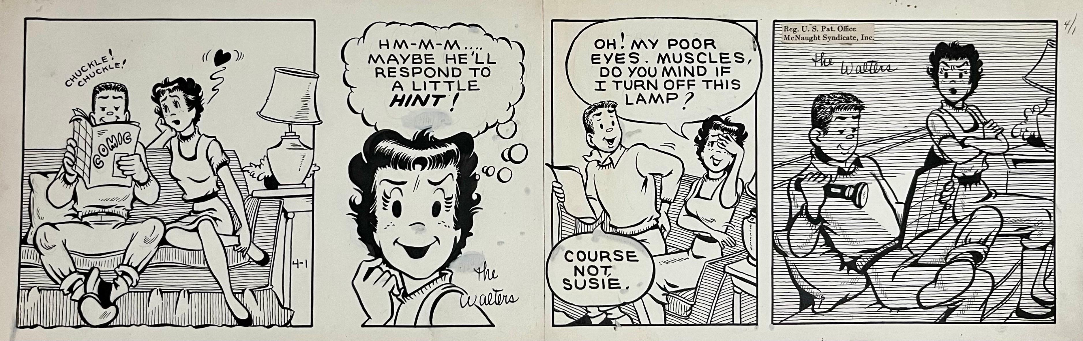 Raro disegno a inchiostro originale degli anni '50 della striscia di cartoni animati Susie Q Smith Comic Art