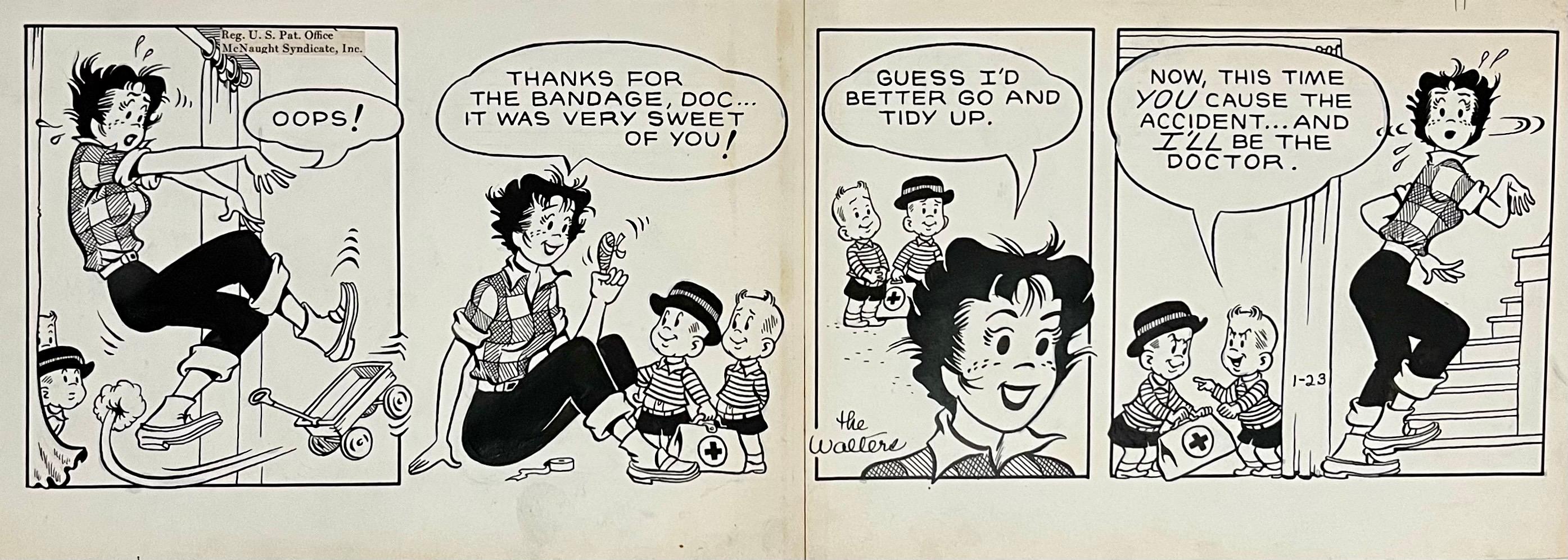 Raro disegno a inchiostro originale degli anni '50 della striscia di cartoni animati Susie Q Smith Comic Art