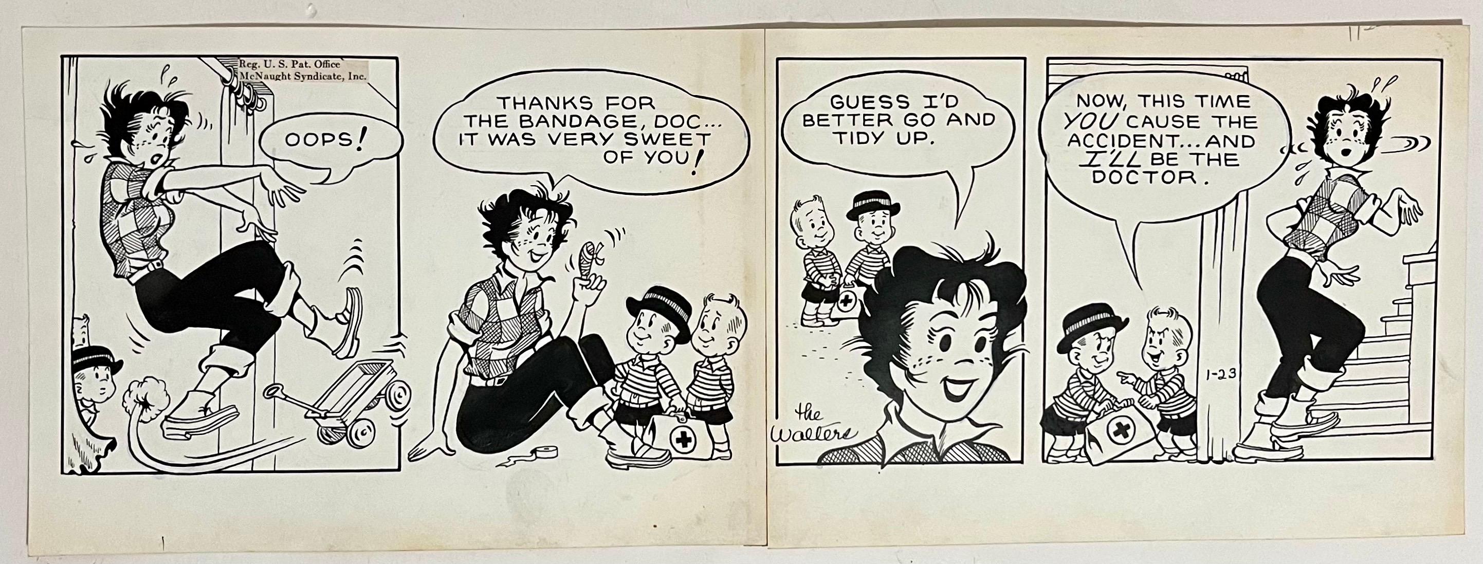 Raro disegno a inchiostro originale degli anni '50 della striscia di cartoni animati Susie Q Smith Comic Art - Figurative Art Beige di Jerry Walter & Linda Walter