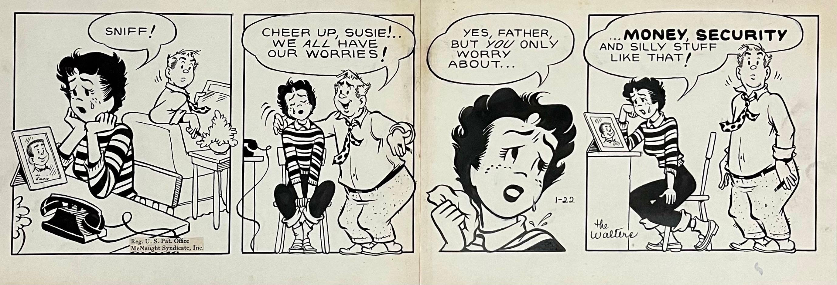 Tira cómica original Vintage Syndicated Ink Drawing Susie Q Smith Comic Art