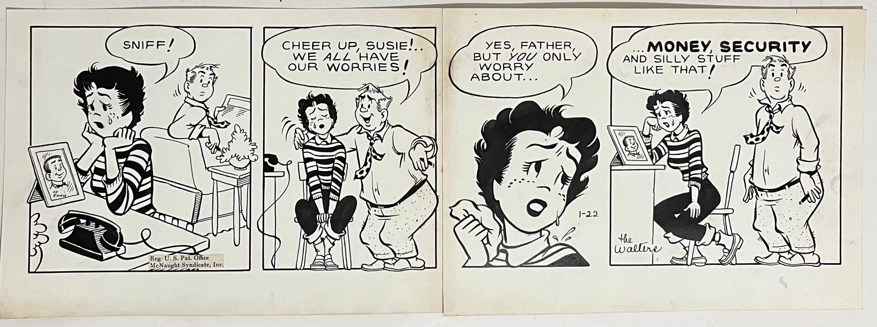 Disegno a inchiostro originale d'epoca della striscia di cartoni animati Susie Q Smith Comic Art - Figurative Art Beige di Jerry Walter & Linda Walter
