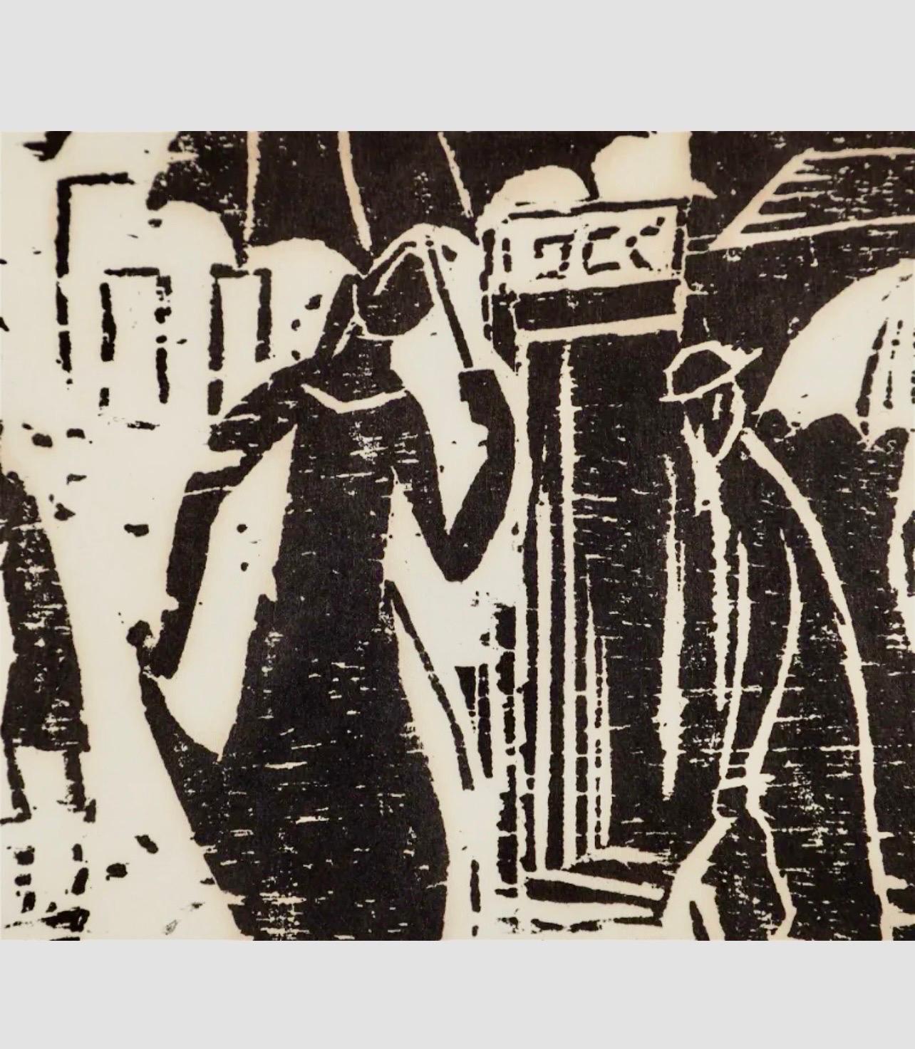 Impression sur bois de l'artiste israélien polonais Azriel Awret Rainy Street Jérusalem, Israël - Expressionniste Art par Irene Awret