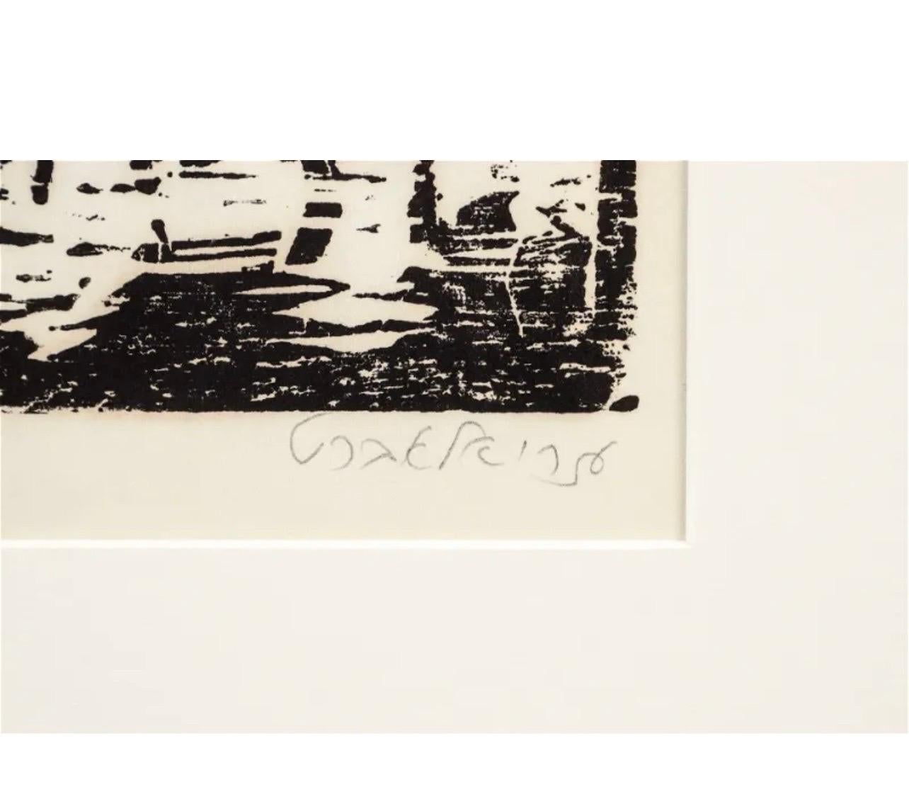 Awret, Azriel (Israélien polonais, 1910-2010), 
Rue pluvieuse à Jérusalem, 
Gravure sur bois, 9.75 x 7.5 pouces, signée au crayon et numérotée 35/60, encadrée 19.5 x 14.25 pouces.

Azriel Awret est né à Lodz, en Pologne, et a déménagé en Belgique où