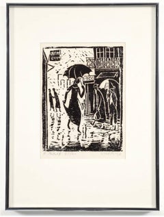 Woodblock Print Polish Israeli Artist Azriel Awret Rainy Street Jerusalem Israel