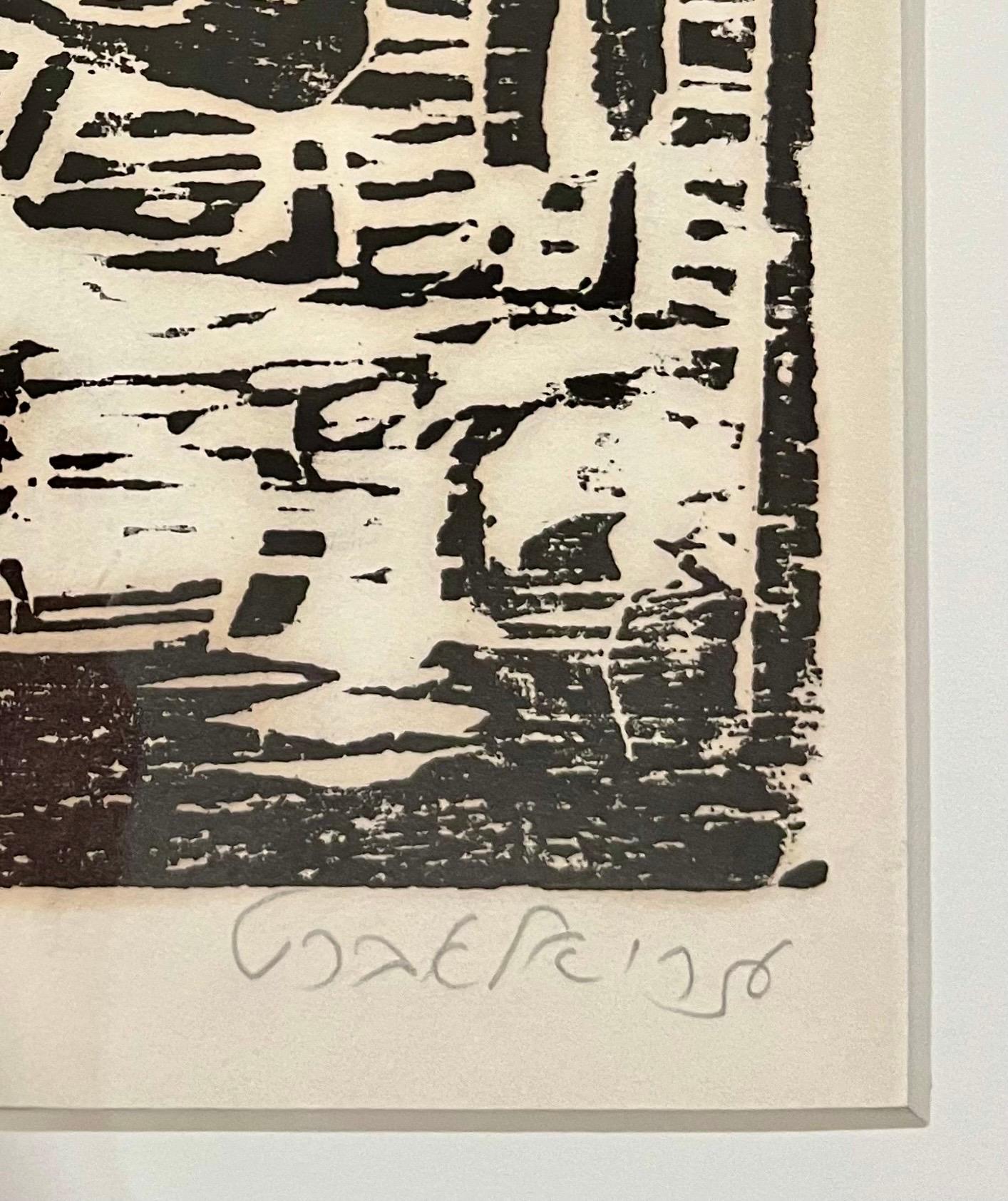Impression sur bois de l'artiste israélien polonais Azriel Awret Rainy Street Jérusalem, Israël en vente 1