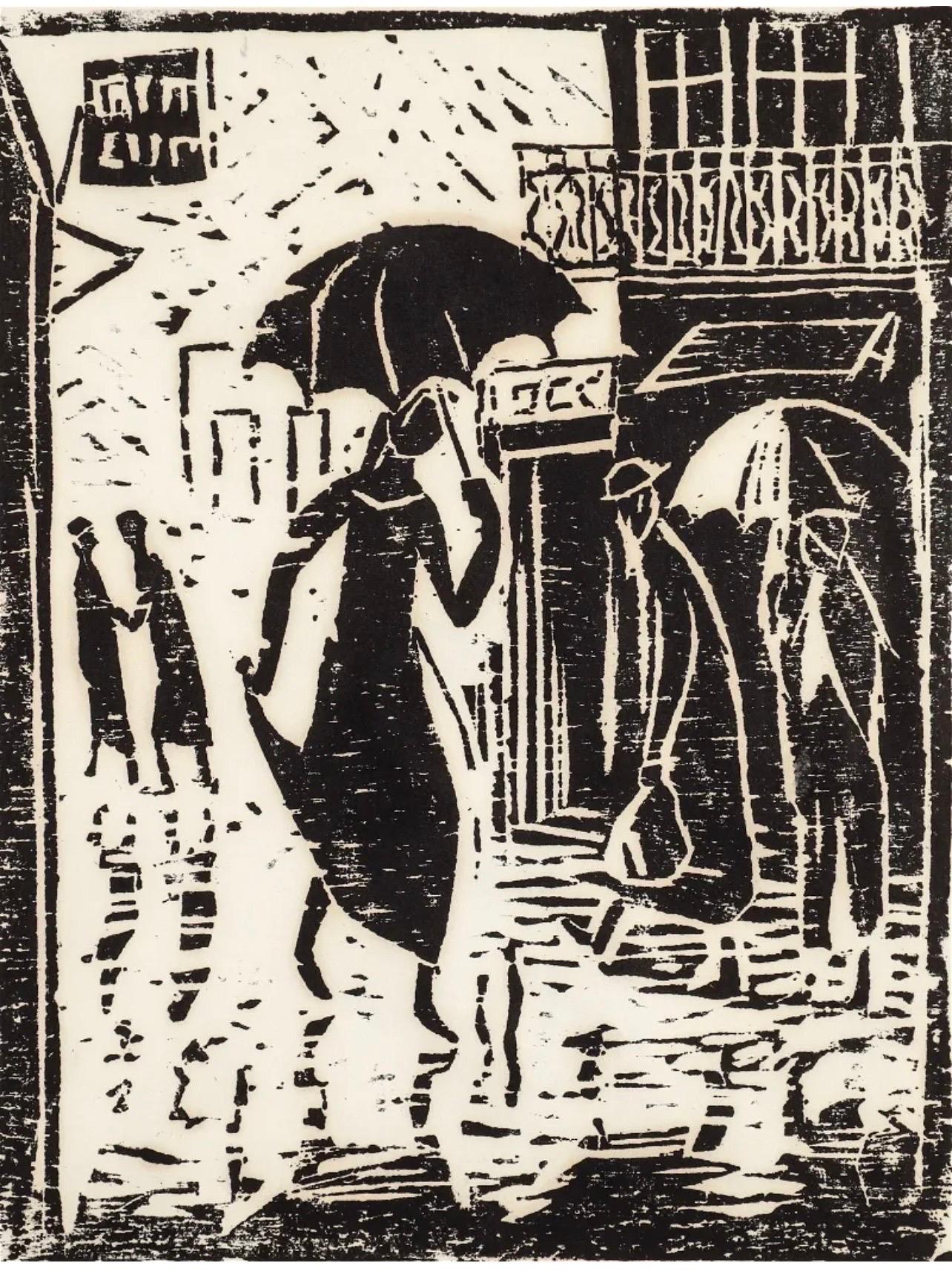Figurative Art Irene Awret - Impression sur bois de l'artiste israélien polonais Azriel Awret Rainy Street Jérusalem, Israël