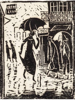 Der polnische israelische Künstler Azriel Awret Rainy Street Jerusalem Israel, Holzschnitt mit Holzschnitt