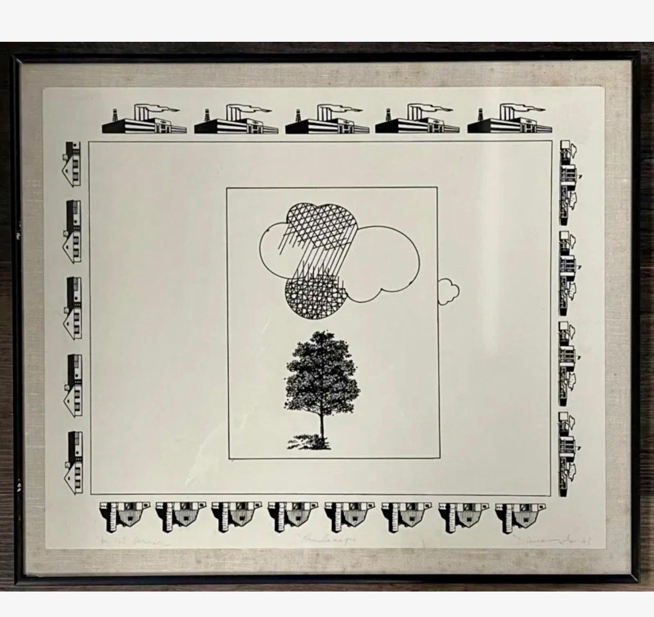 Raro Dibujo Original de 1967 Minimalista Mod Pop Art Allan D'Arcangelo Único en Tinta