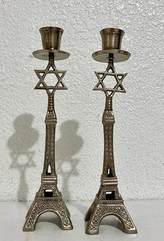 Mid Century Mod Judaica Chrome Eiffel Tower Star of David Candle Holders France
