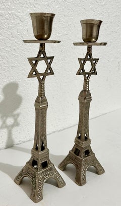 Mid Century Mod Judaica Chrome Eiffel Tower Star of David Candle Holders France