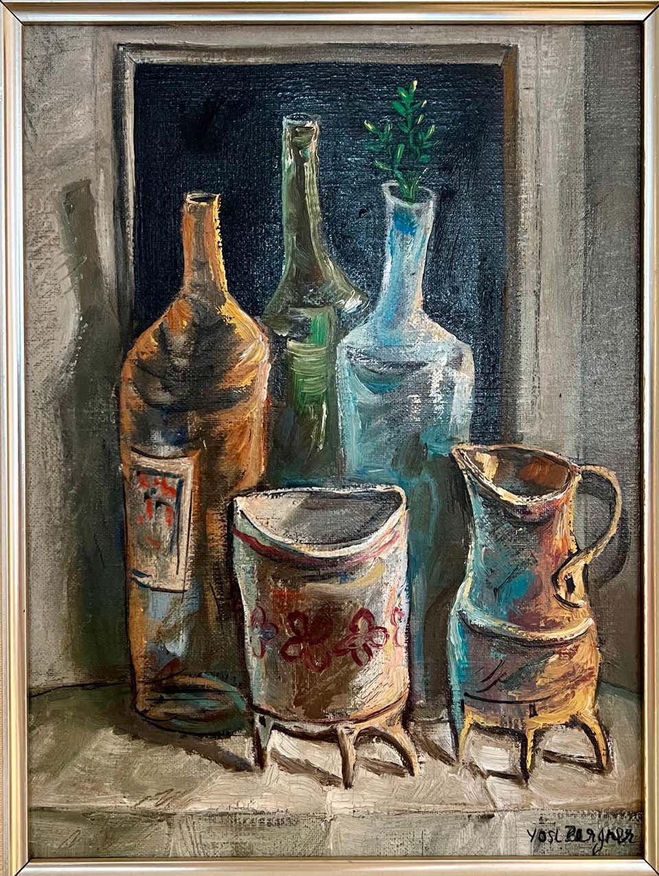 Israeli Yosl Bergner Modernist Oil Painting Kitchen Bottles Coffee, Vase