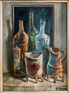Peinture moderniste à l'huile israélienne Yosl Bergner Cuisine Bouteilles Café, Vase