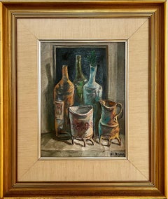 Israeli Yosl Bergner Modernist Oil Painting Kitchen Bottles Coffee, Vase