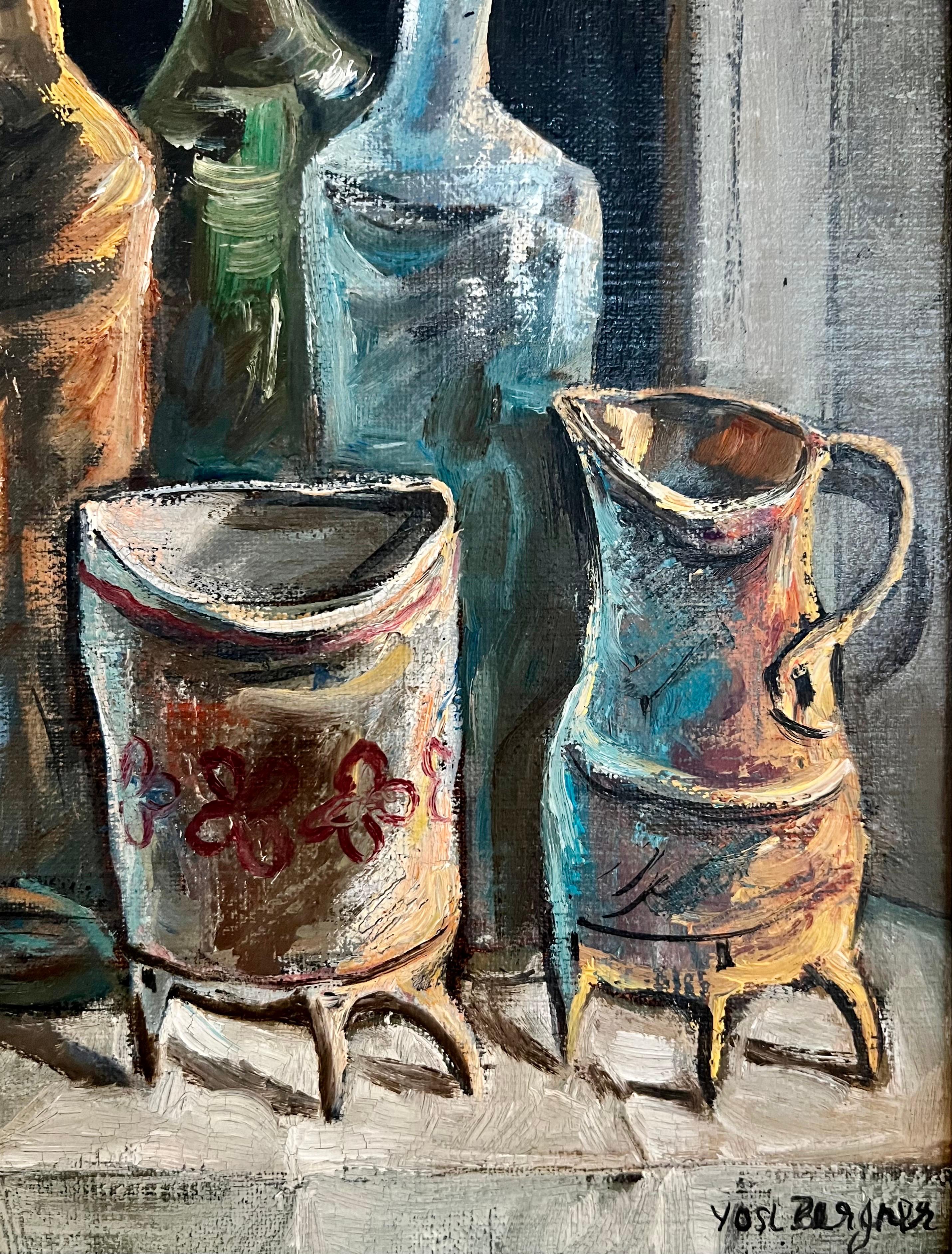 Peinture moderniste à l'huile israélienne Yosl Bergner Cuisine Bouteilles Café, Vase en vente 3