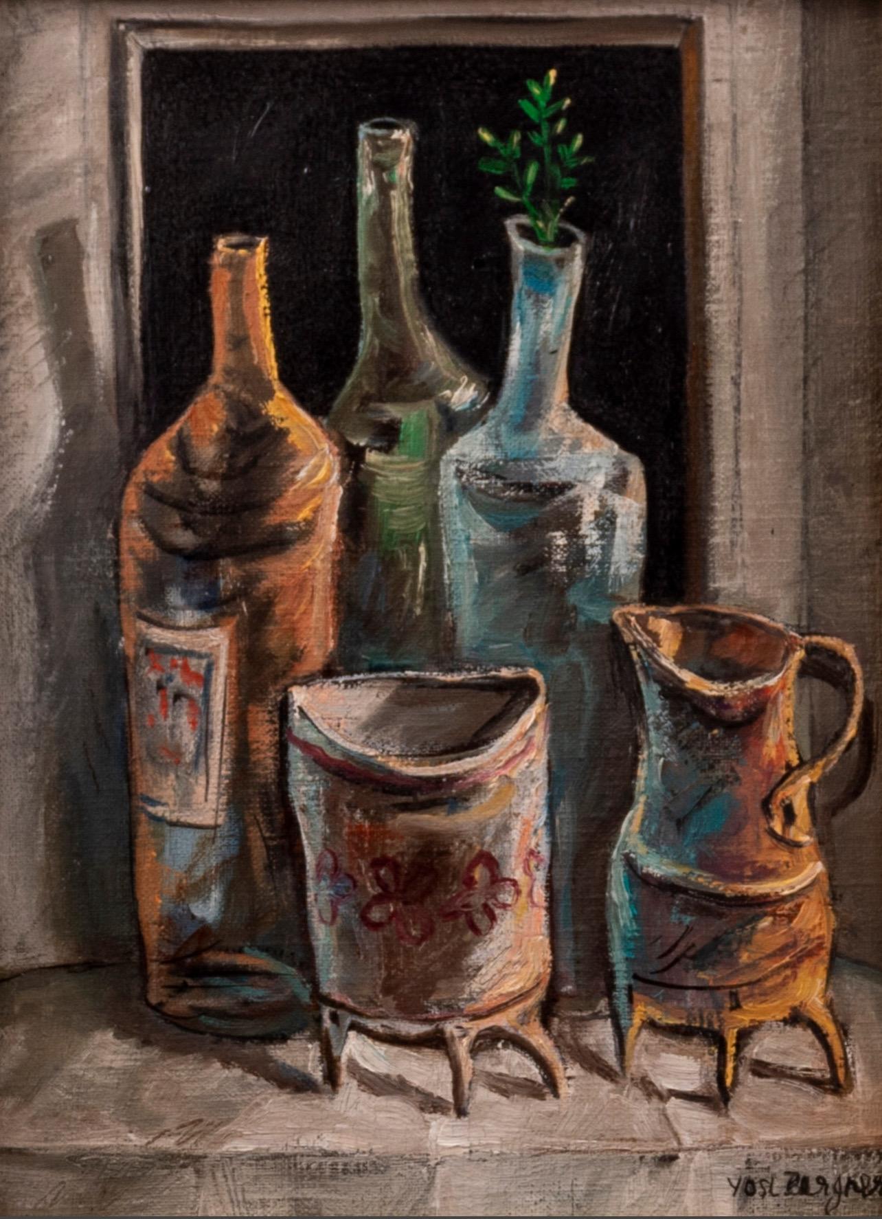 Peinture moderniste à l'huile israélienne Yosl Bergner Cuisine Bouteilles Café, Vase en vente 6