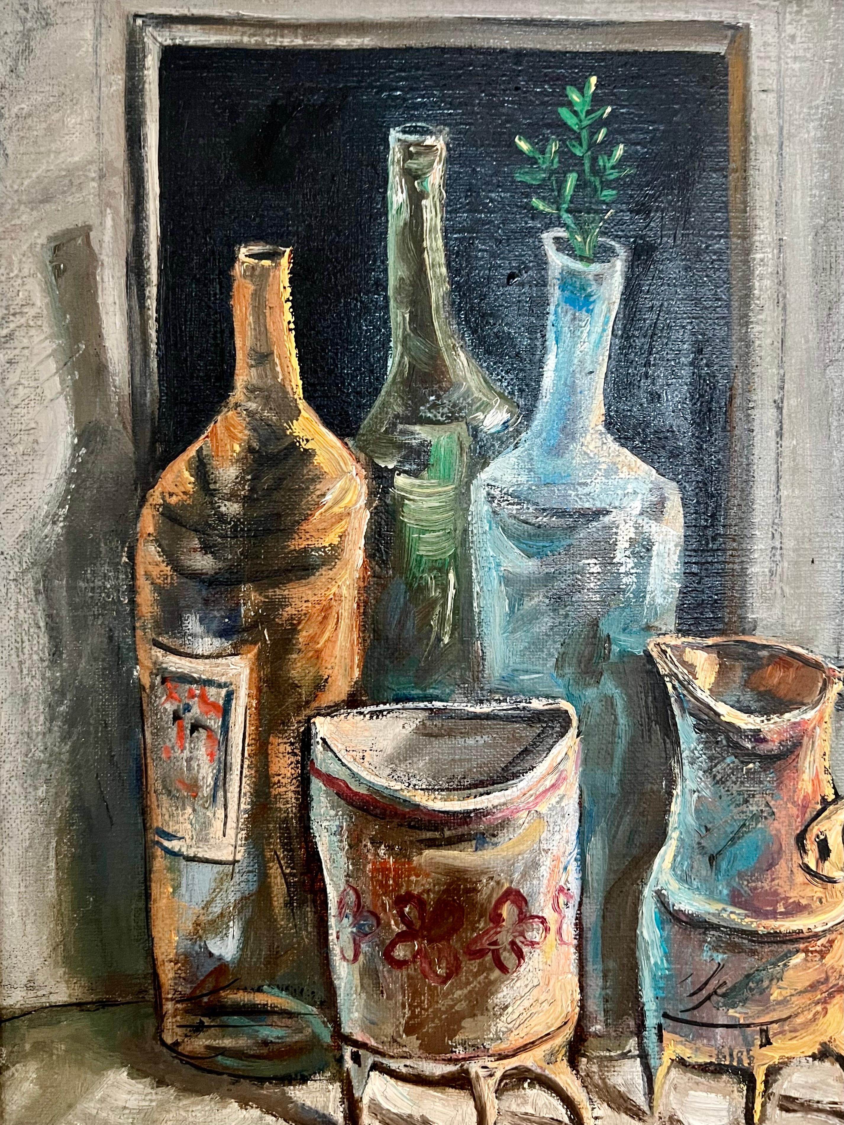 Peinture moderniste à l'huile israélienne Yosl Bergner Cuisine Bouteilles Café, Vase en vente 5