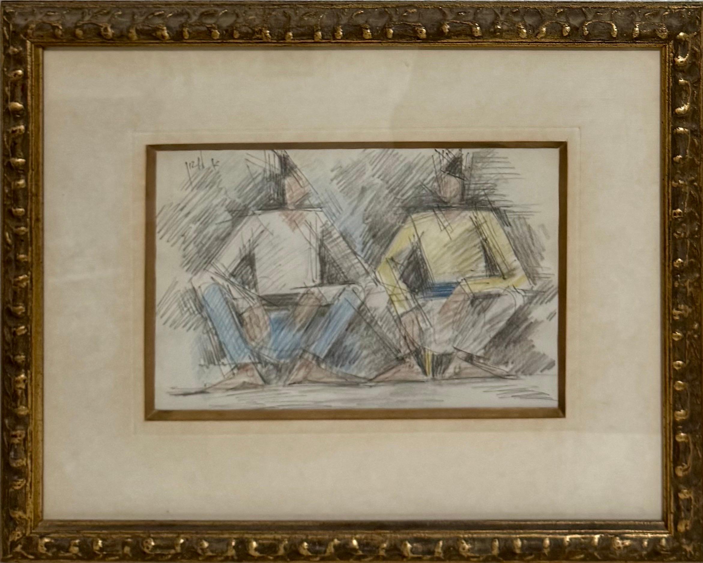 Arieh Lubin Figurative Art – Seltene frühe israelische kubistische Bleistift-Pastell-Zeichnung Arieh Leo Lubin 1930er Jahre Palästina