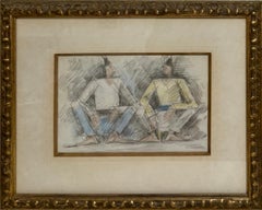 Rare Early Israeli Cubist Pencil Pastel Drawing Arieh Leo Lubin 1930's Palestine