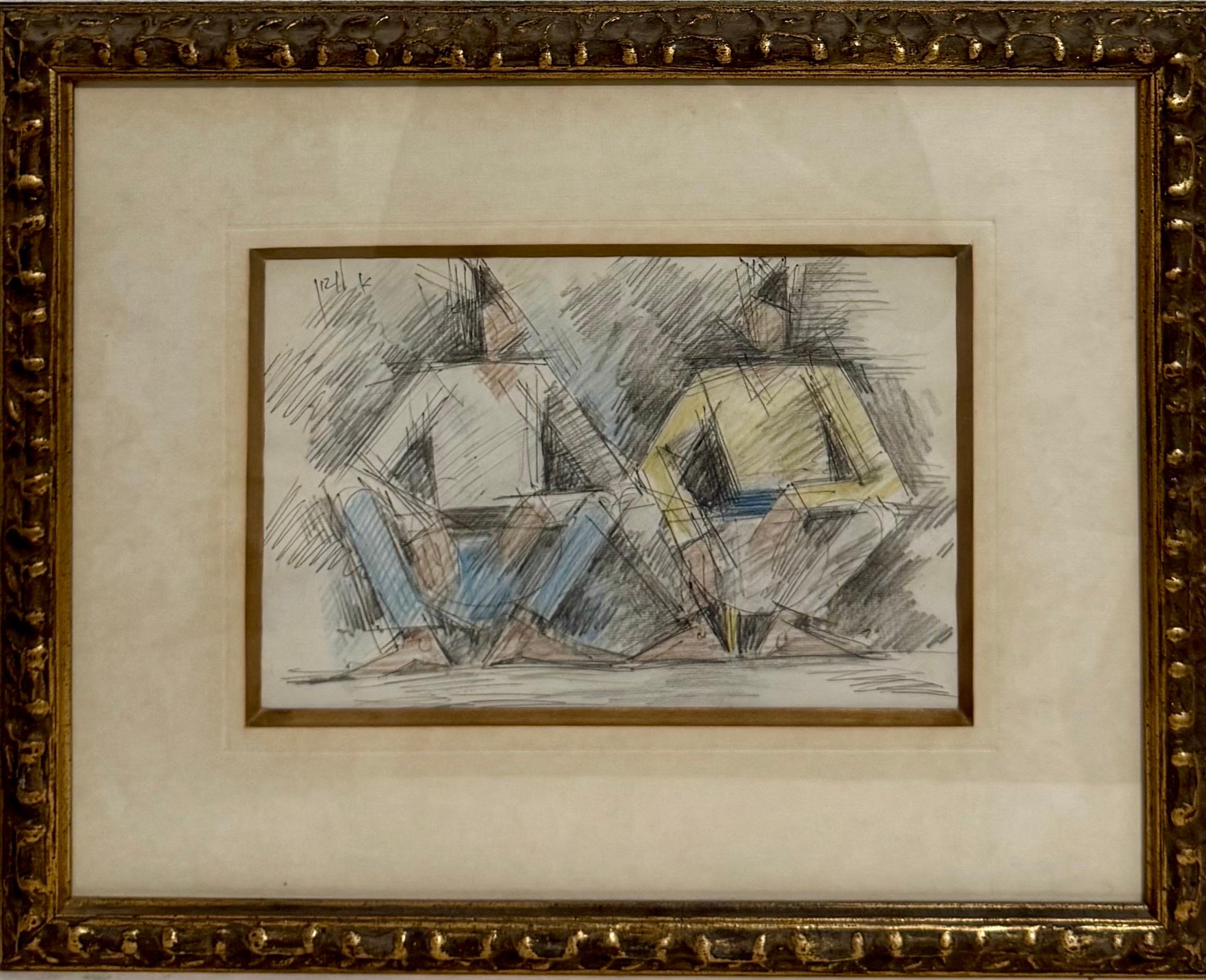 Seltene frühe israelische kubistische Bleistift-Pastell-Zeichnung Arieh Leo Lubin 1930er Jahre Palästina – Art von Arieh Lubin