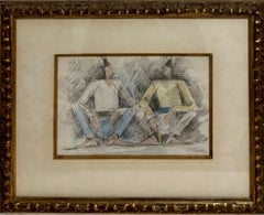 Rare Early Israeli Cubist Pencil Pastel Drawing Arieh Leo Lubin 1930's Palestine