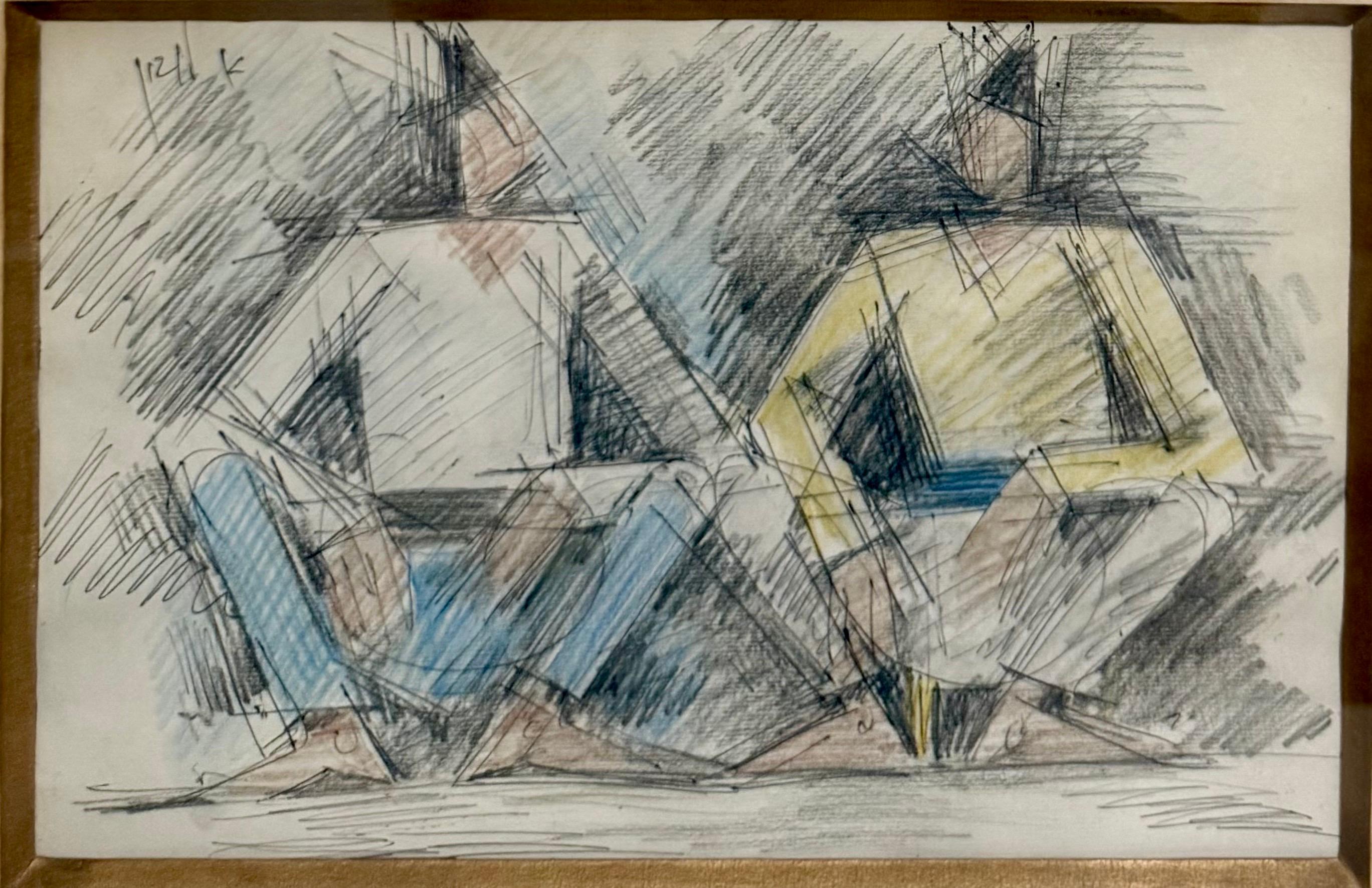 Seltene frühe israelische kubistische Bleistift-Pastell-Zeichnung Arieh Leo Lubin 1930er Jahre Palästina (Braun), Figurative Art, von Arieh Lubin