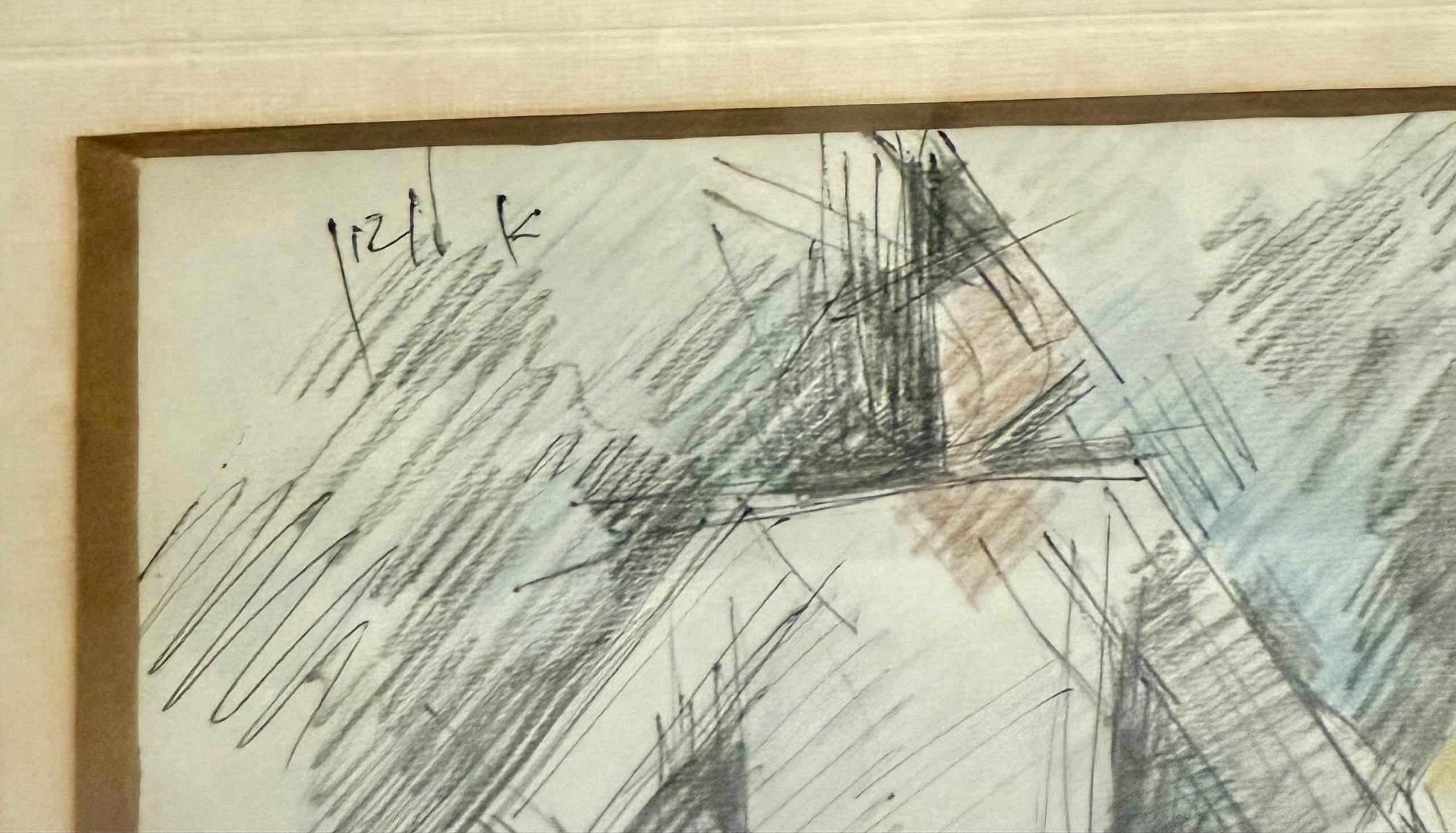 Seltene frühe israelische kubistische Bleistift-Pastell-Zeichnung Arieh Leo Lubin 1930er Jahre Palästina im Angebot 1
