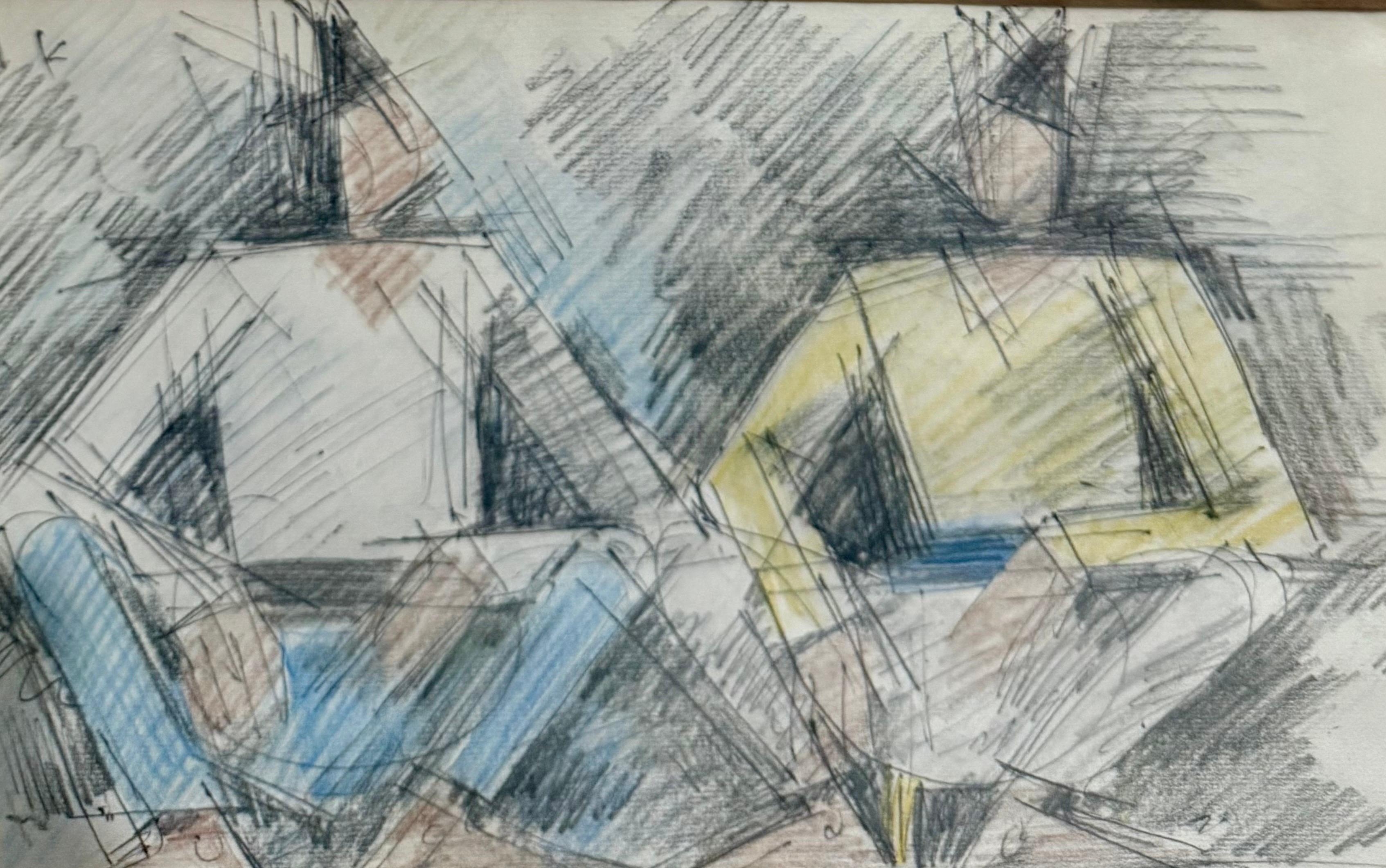 Seltene frühe israelische kubistische Bleistift-Pastell-Zeichnung Arieh Leo Lubin 1930er Jahre Palästina im Angebot 3