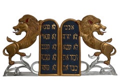 Rare Folk Art Hebrew Judaica Carved Gilded Wood Lions Torah Synagogue Sculpture
