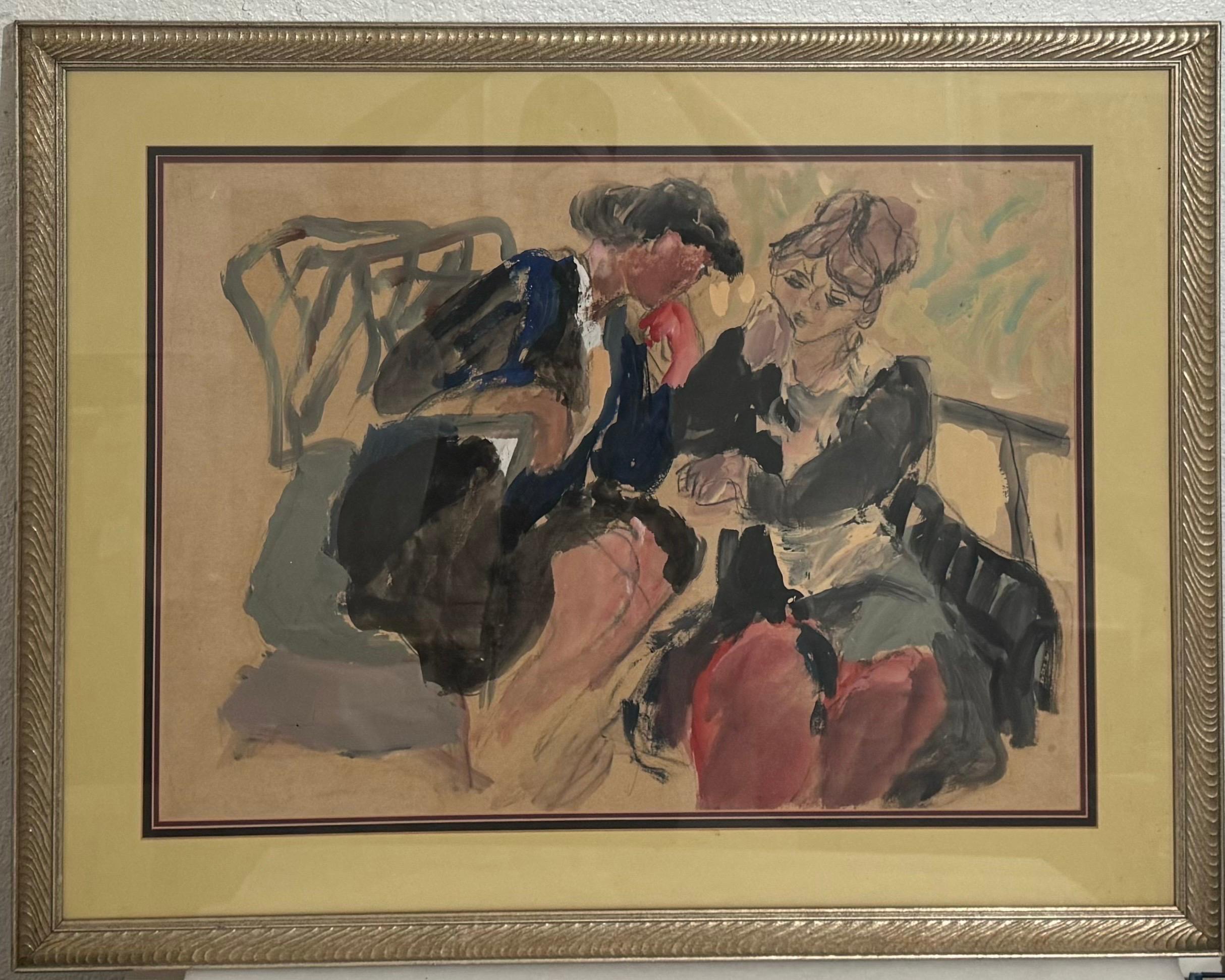 Grande Aquarelle Gouache Huile Pastel Peinture Israélienne Lea Avizedek Date Night en vente 1