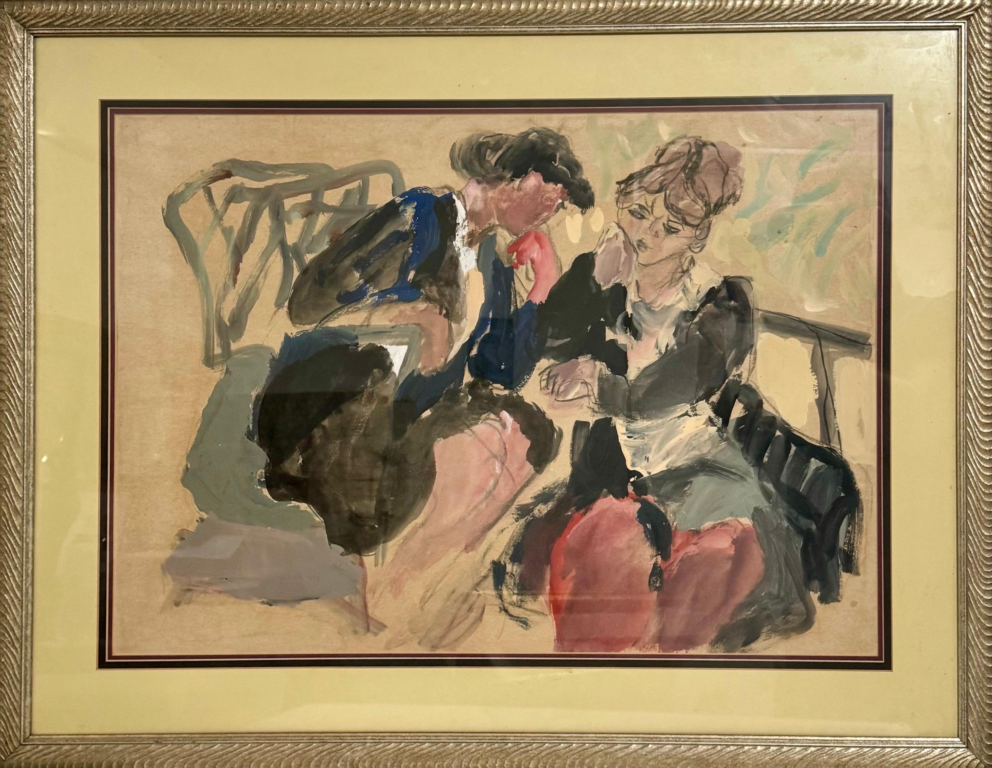 Grande Aquarelle Gouache Huile Pastel Peinture Israélienne Lea Avizedek Date Night en vente 2