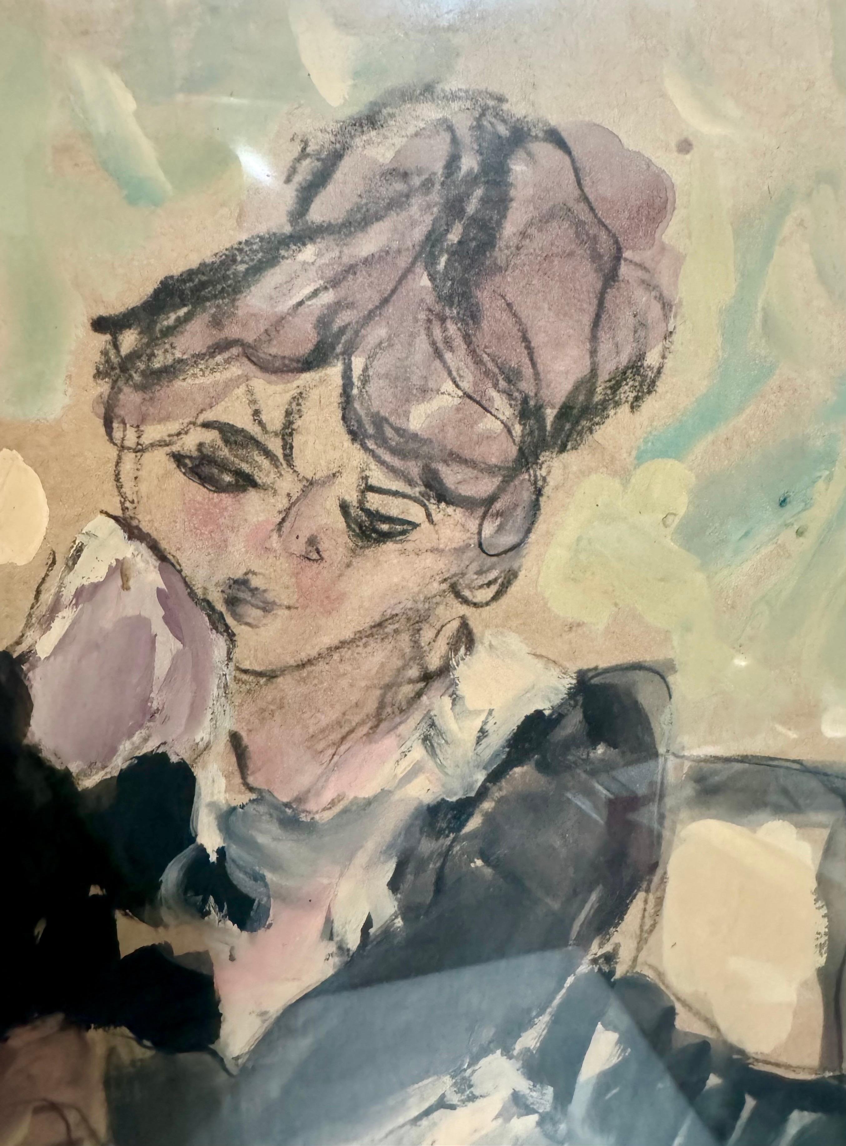 Grande Aquarelle Gouache Huile Pastel Peinture Israélienne Lea Avizedek Date Night en vente 3