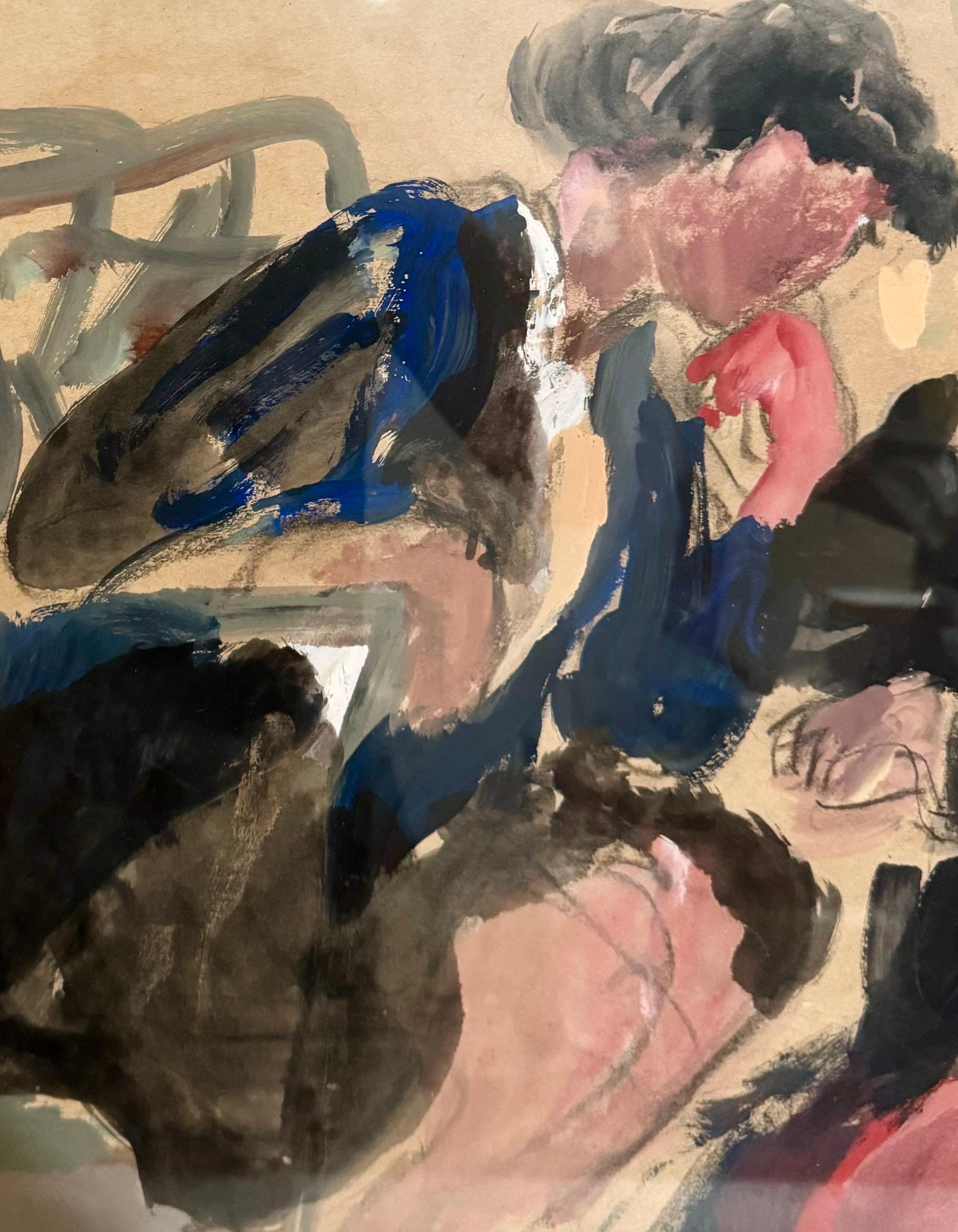 Grande Aquarelle Gouache Huile Pastel Peinture Israélienne Lea Avizedek Date Night en vente 5