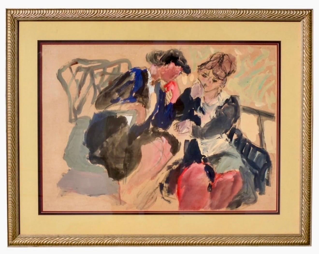 Grande Aquarelle Gouache Huile Pastel Peinture Israélienne Lea Avizedek Date Night en vente 7