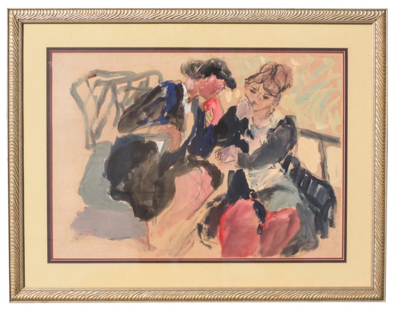Peinture post-impressionniste originale en techniques mixtes
Soirée en amoureux
Signé à la main en hébreu
La vue mesure 19" x 27". Le cadre mesure 27,5" x 35,5". 
Lea Artistics, artiste peintre juive, née en 1925-1935 (j'ai vu les deux dates