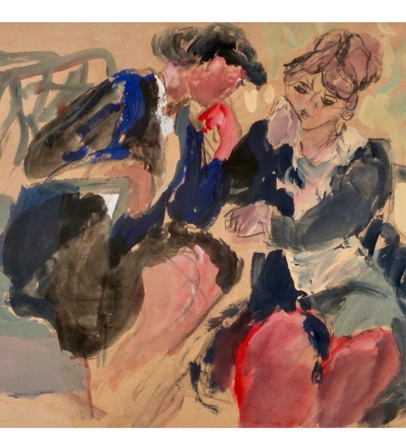 Grande Aquarelle Gouache Huile Pastel Peinture Israélienne Lea Avizedek Date Night en vente 8