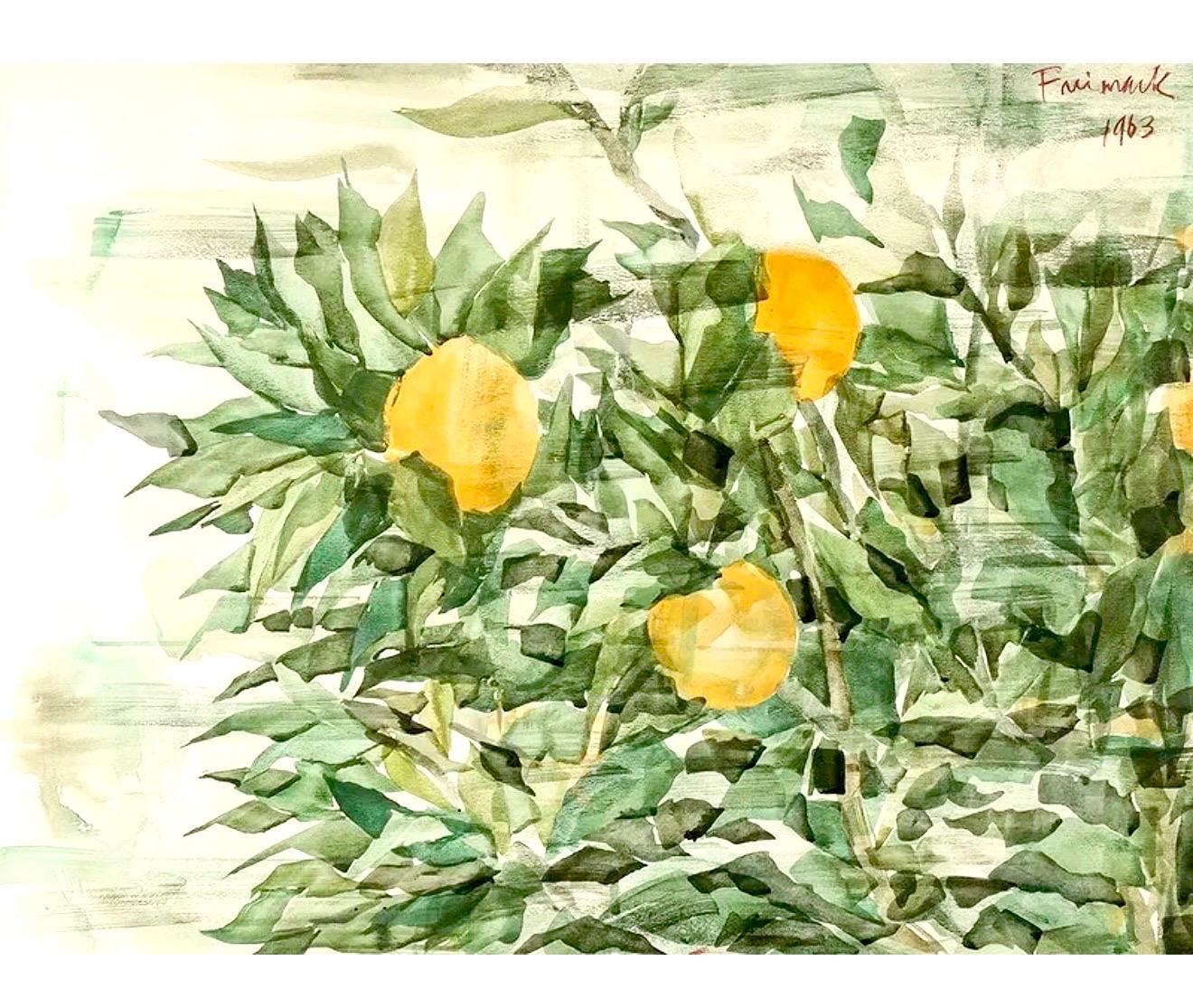 Abstract Expressionist Watercolor Painting Lemon Tree Branch Robert Freimark For Sale 1