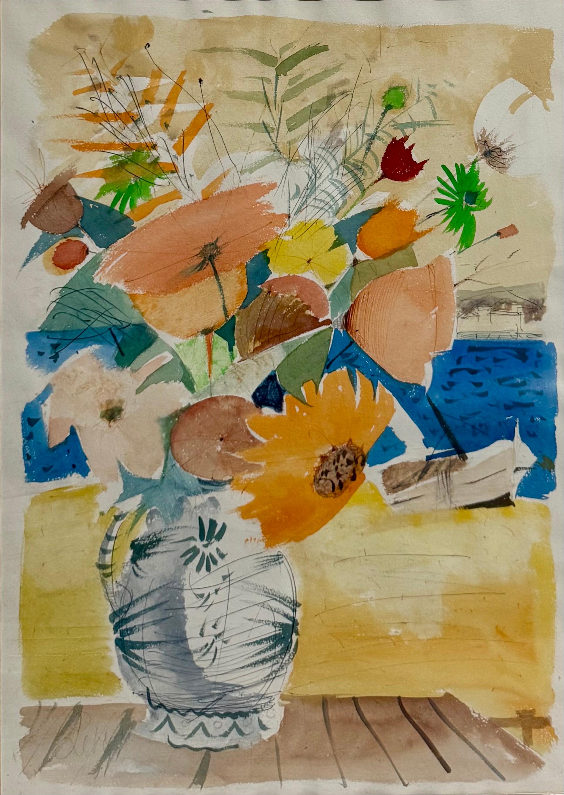 Charles Levier (French, 1920-2003)
 Flowers by the sea
Watercolor on paper
Hand signed lower left, 
depicting a vase of pink, orange, green, red and yellow flowers at a window ledge in a pitcher vase against a blue sea. 
Dimensions: 23 X 16  frame