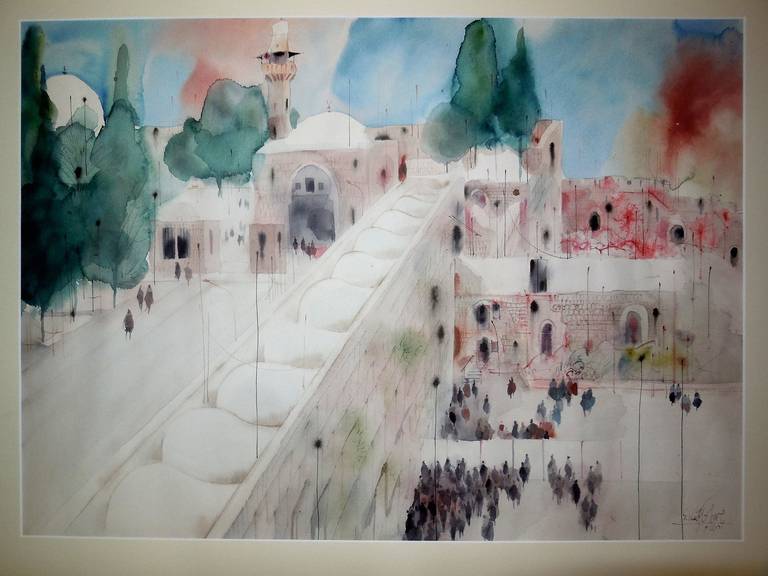 Shmuel Katz Landscape Art - Western Wall, Jerusalem Watercolor