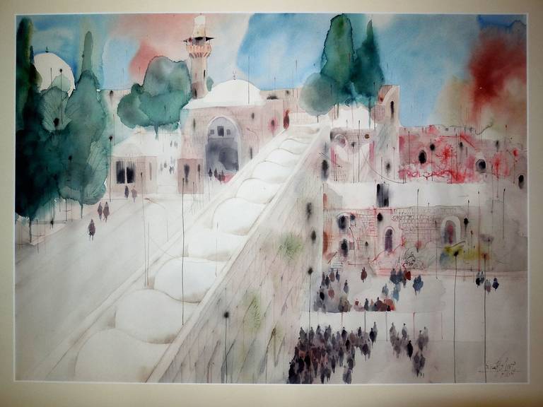 Western Wall, Jerusalem Watercolor - Gray Landscape Art by Shmuel Katz