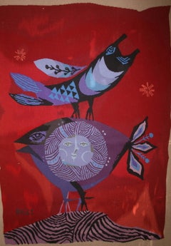 Vintage Israeli Bird and Fish Hand Woven Itche Mambush Atelier Aubusson Style Tapestry