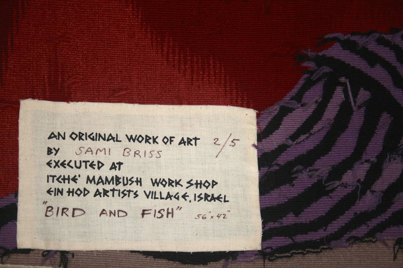Tapiz Israelí de Pájaros y Peces Tejido a Mano Itche Mambush Atelier A Estilo Aubusson en venta 1