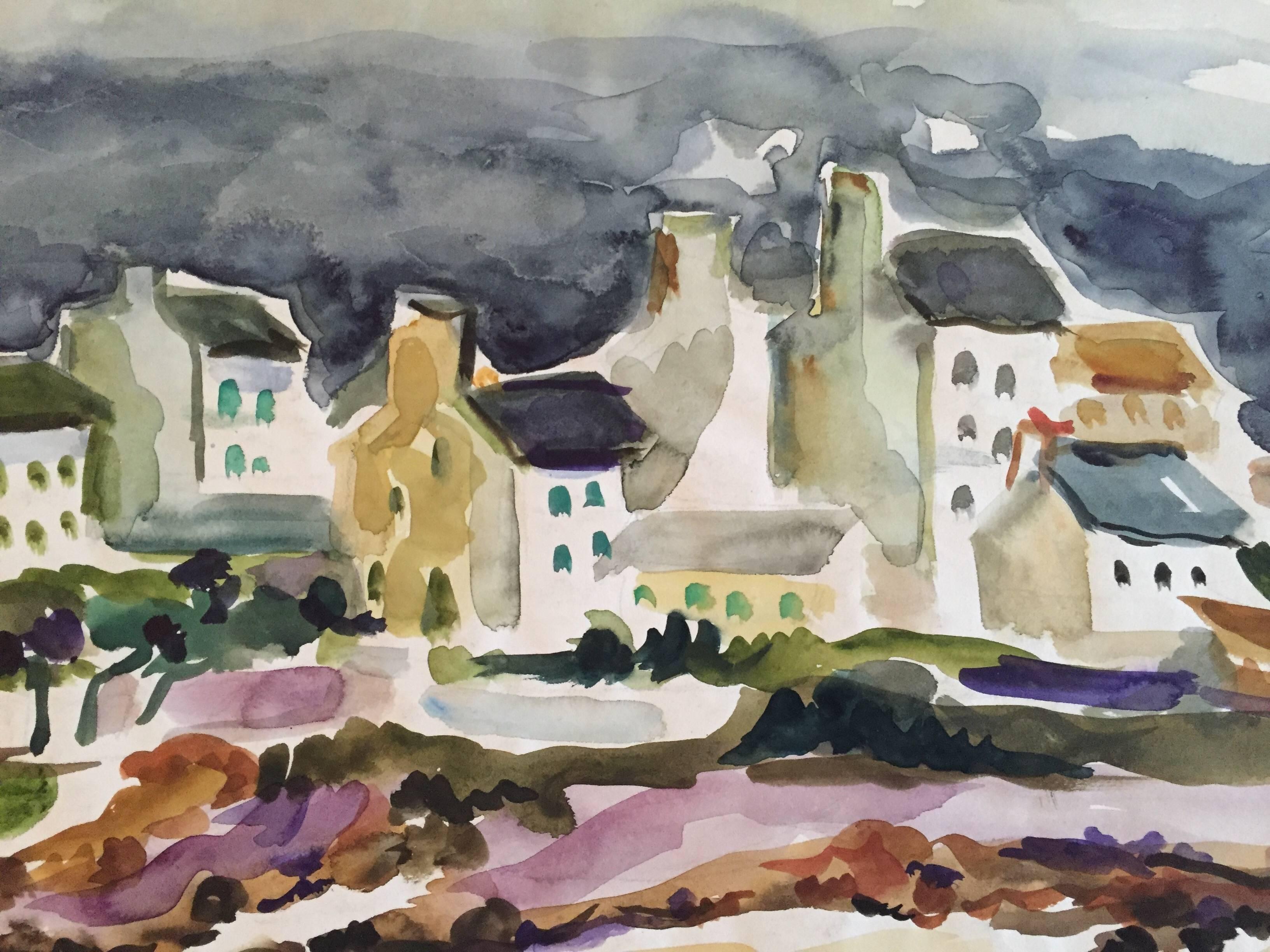 Village Harbour - Post-impressionnisme Art par Katherine Librowicz