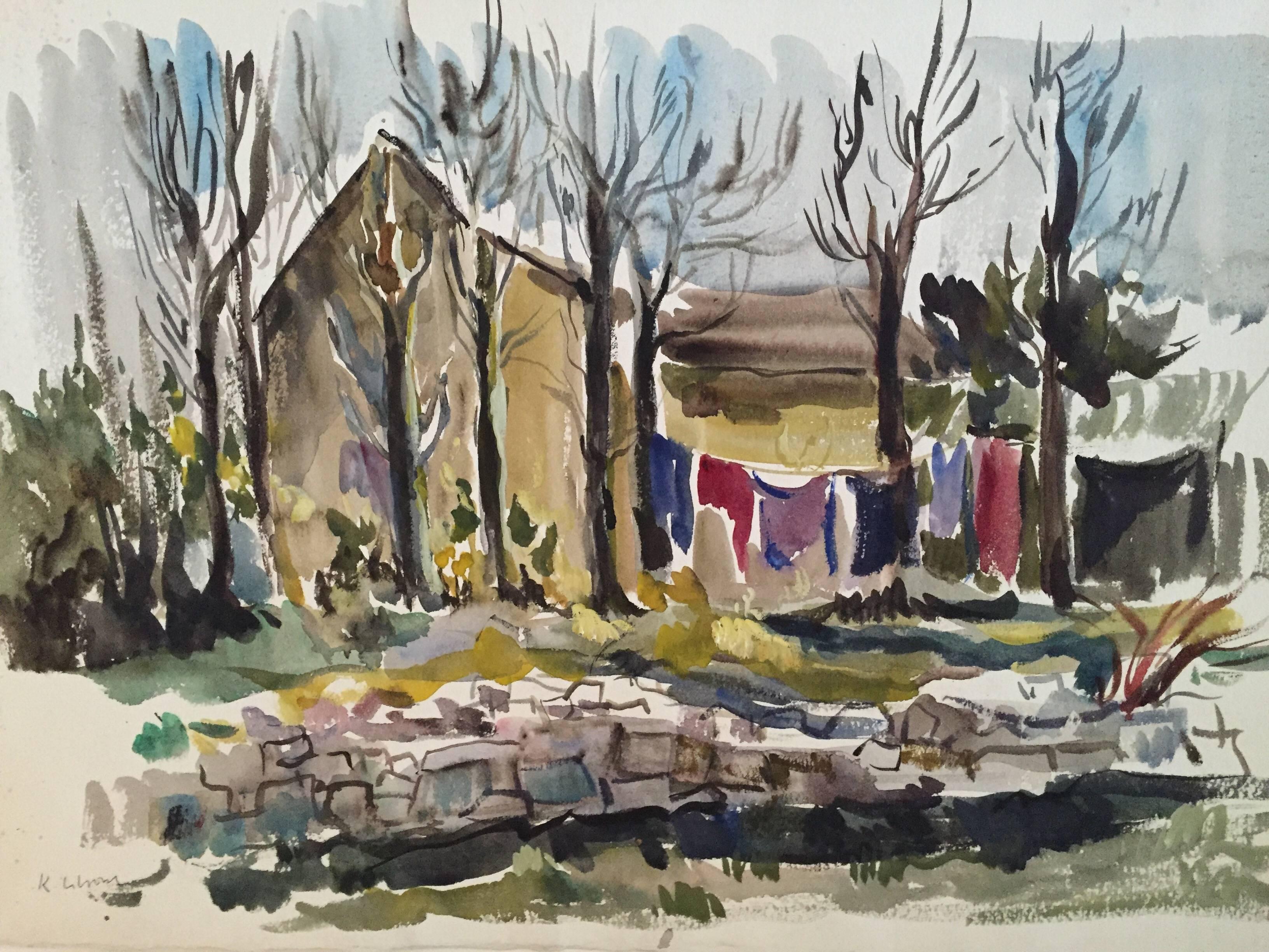 Katherine Librowicz Landscape Art - Village Laundry Laying