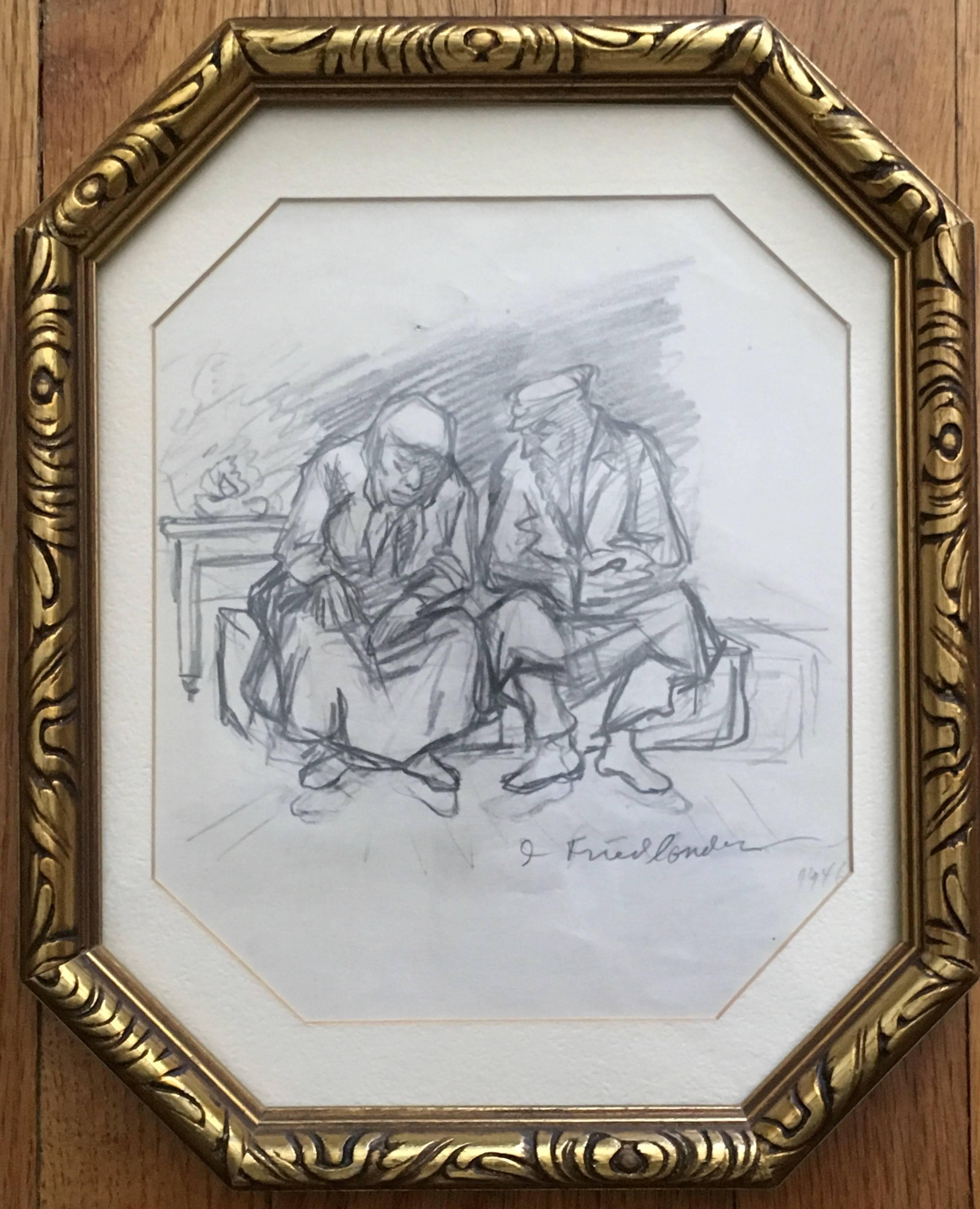 RARE Drawing Judaica de l'ARTISTE WPA ISAAC FRIEDLANDER 1946