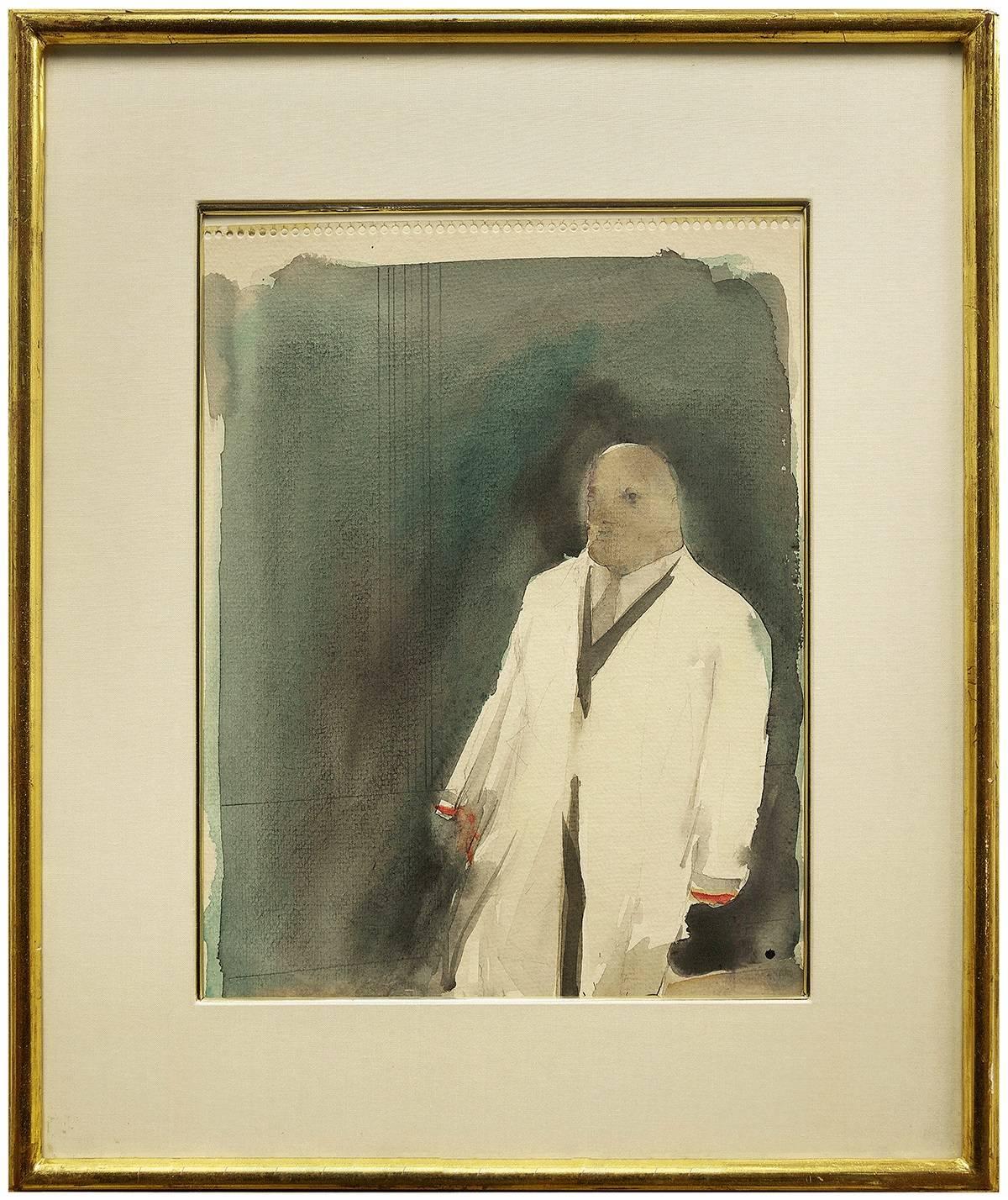 John Dobbs Figurative Art - Man in Raincoat, Vintage Modern Watercolor Painting