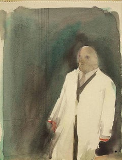Man in Raincoat, Vintage Modern Watercolor Painting