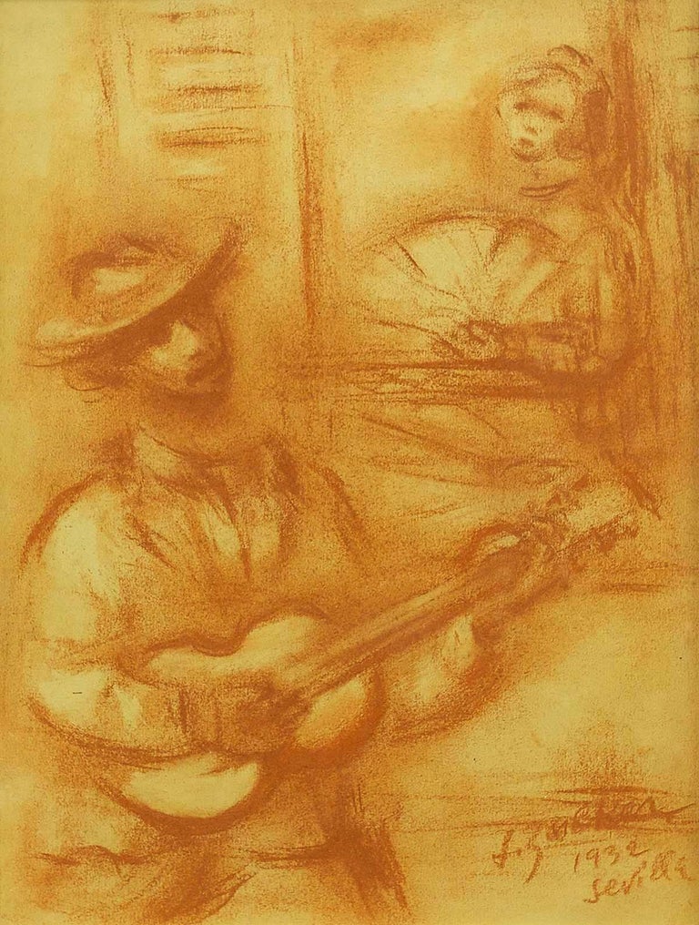 Sanguine red chalk drawing of a 1930's guitar serenade in Sevilla, Spain.

Jacques Zucker was a prolific artist whose works are exhibited in Museums and galleries around the world. Being heavily influenced by artist such as Soutine, Chagall, and