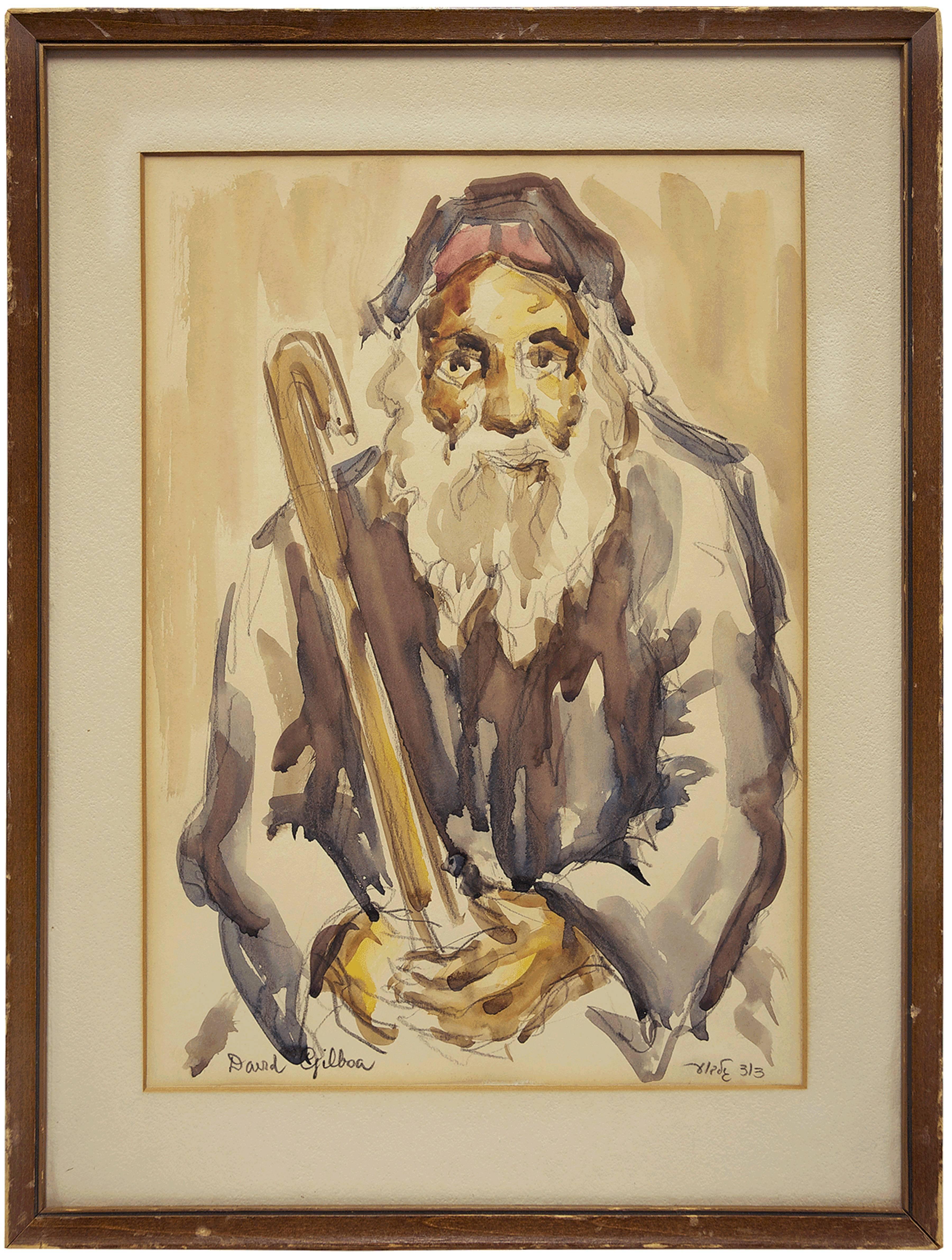 Portrait David Gilboa - Vieux rabbin tenant une canne