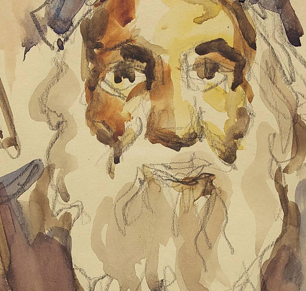 Viejo rabino con bastón en la mano - Art de David Gilboa
